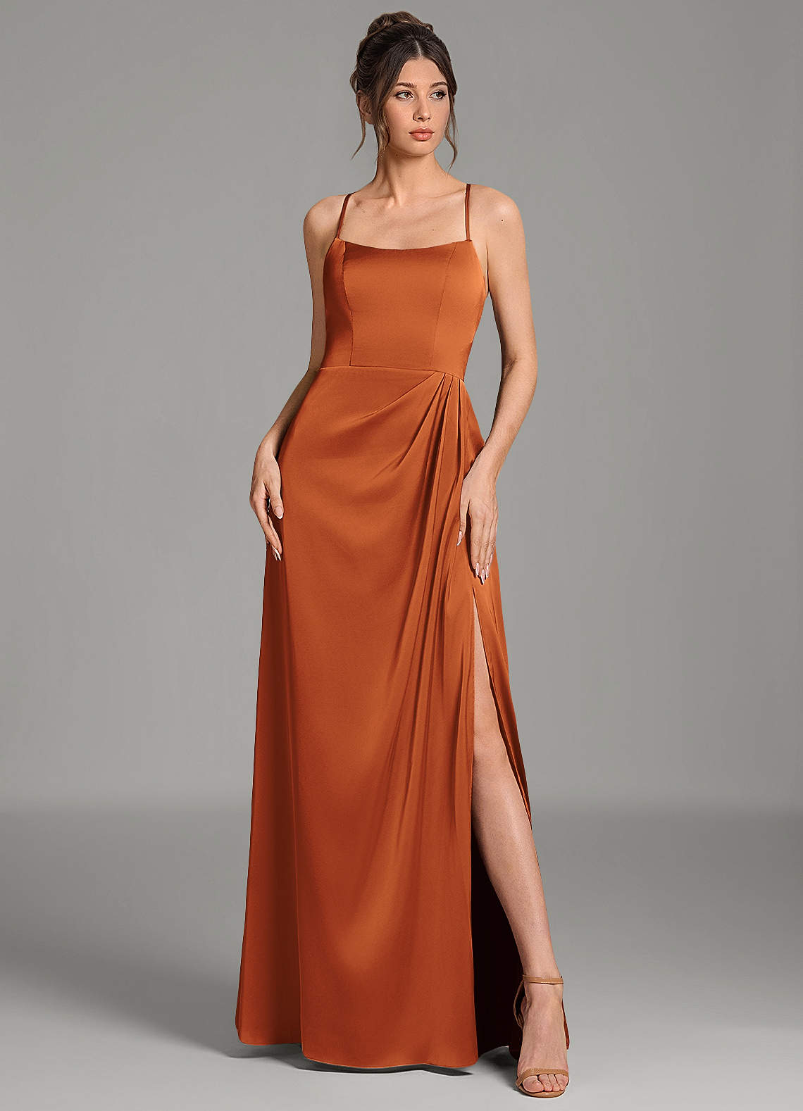 Frankie A-Line Scoop-Neck Stretch Satin Bridesmaid Dress in Cinnamon