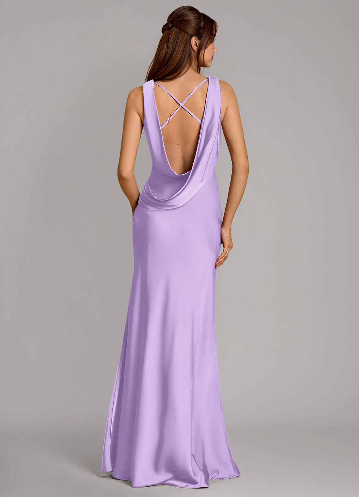 Cheryl Mermaid Cowl-Neck Stretch Satin Bridesmaid Dress in Lilac