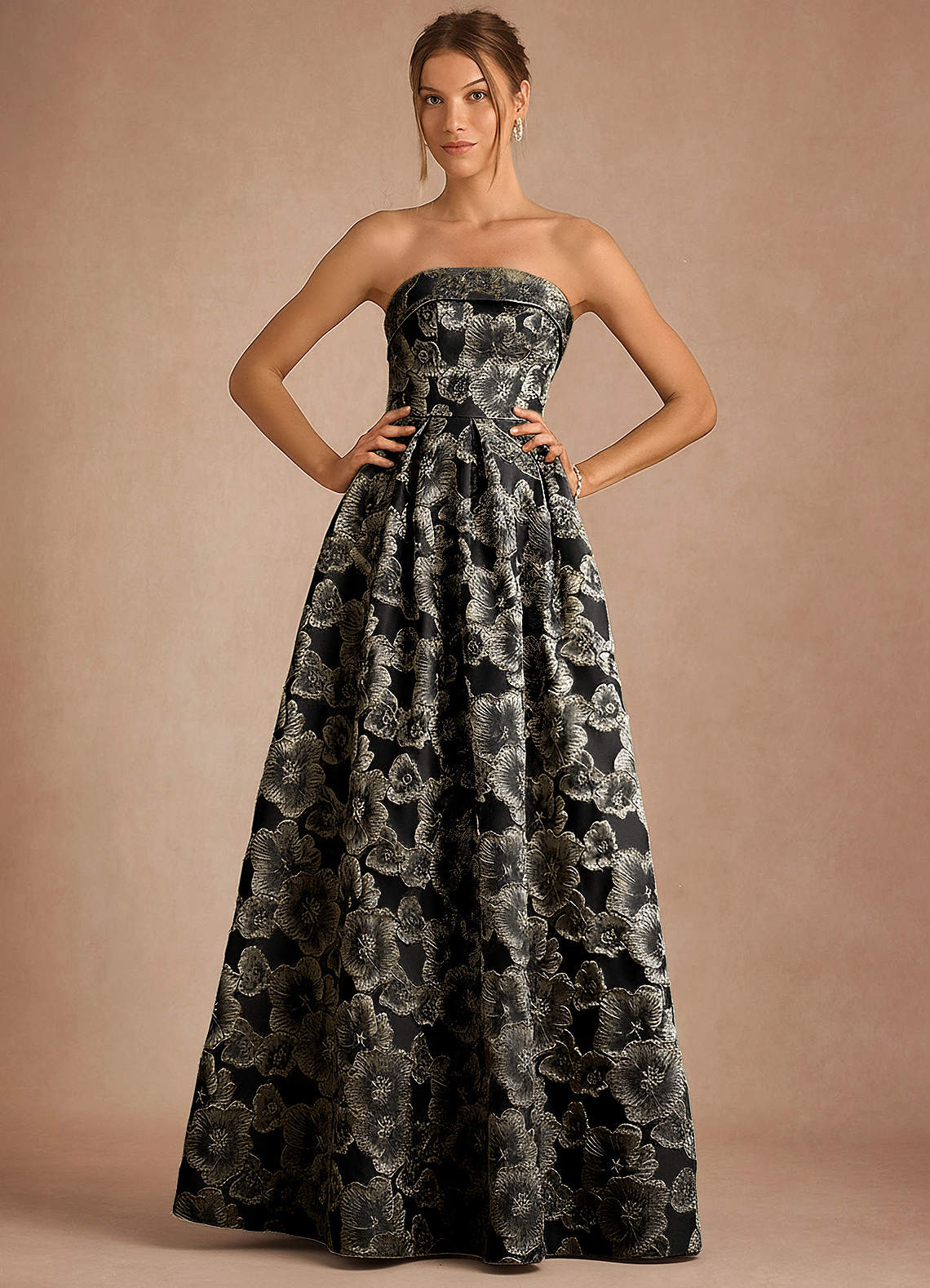 Florentine A-Line Bandeau Jacquard Taffeta Evening Dress in Black