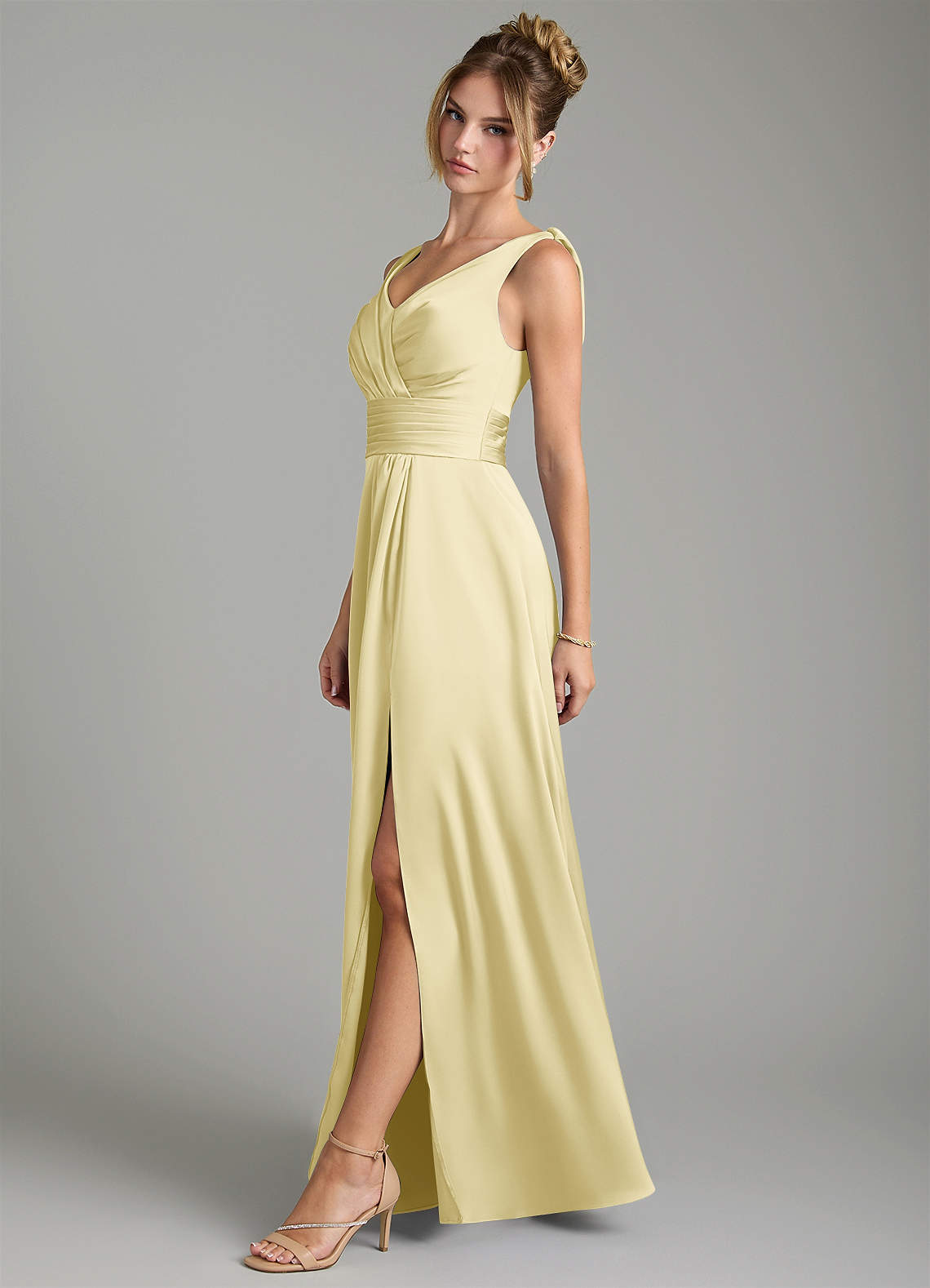 Karina A-Line V-Neck Stretch Satin Bridesmaid Dress in Lemon Sorbet