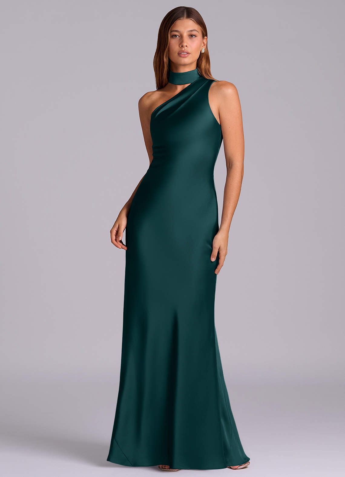 Seona Mermaid One-Shoulder Stretch Satin and Tulle Bridesmaid Dress in Pine