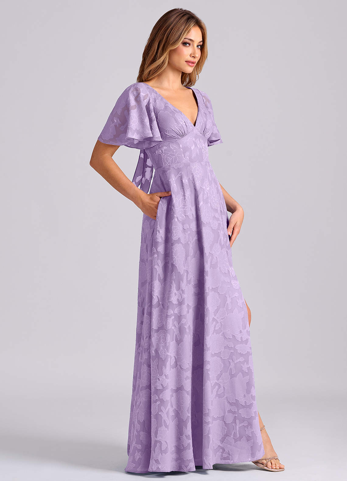 Kimber A-Line V-Neck Floral Burnout Bridesmaid Dress in Lilac