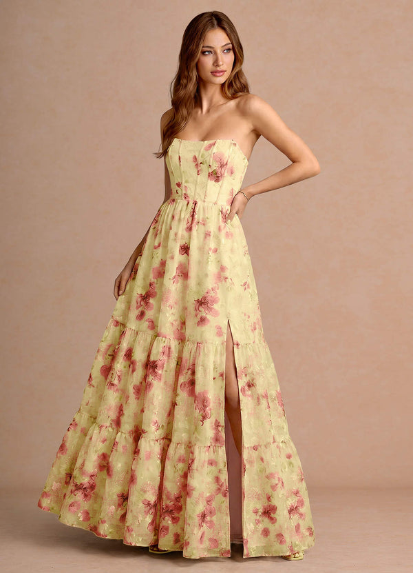 Gigi A-Line Spaghetti-Strap Printed Fil Coupé Evening Dress in Light Yellow