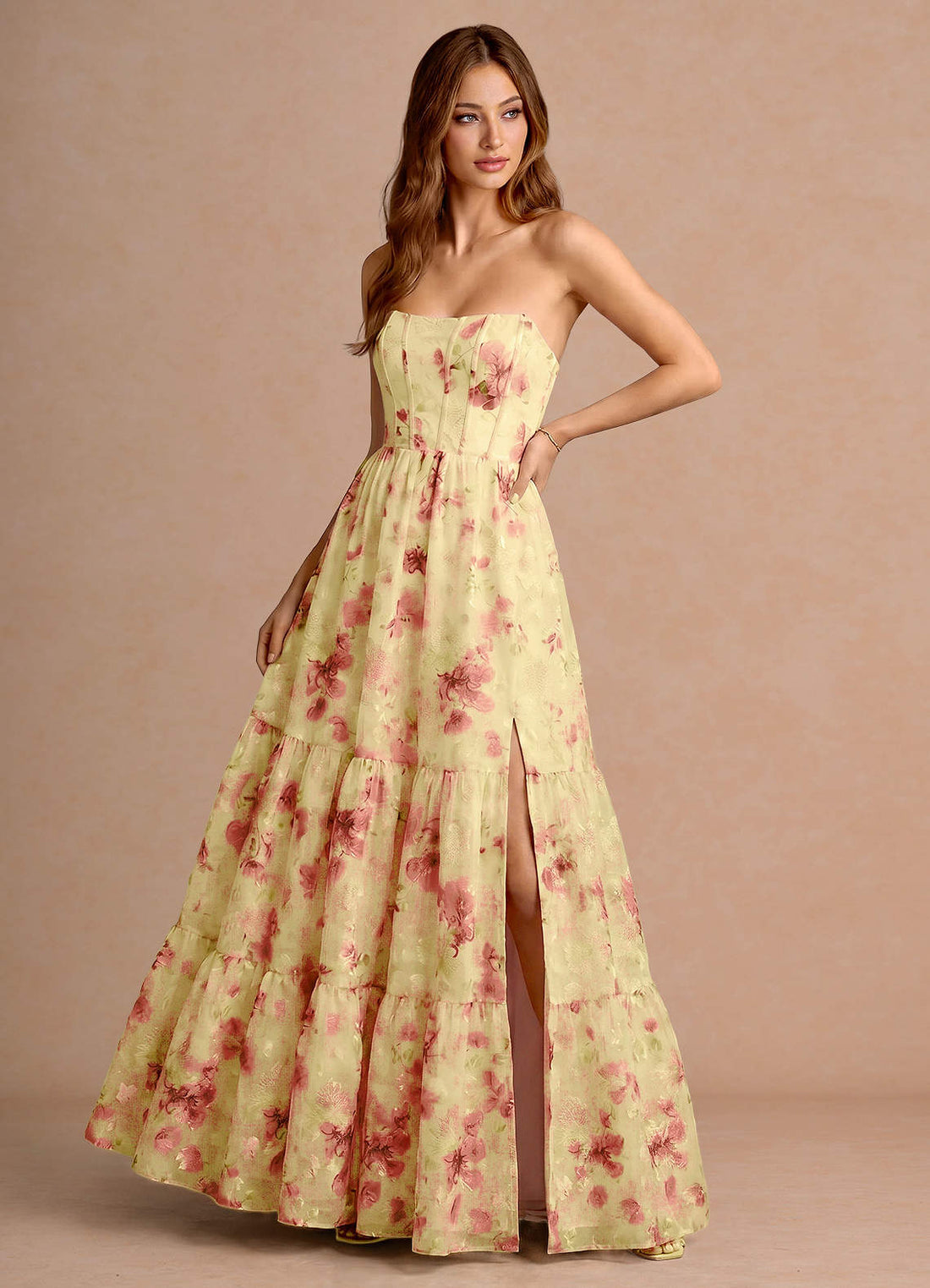 Gigi A-Line Spaghetti-Strap Printed Fil Coupé Evening Dress in Light Yellow