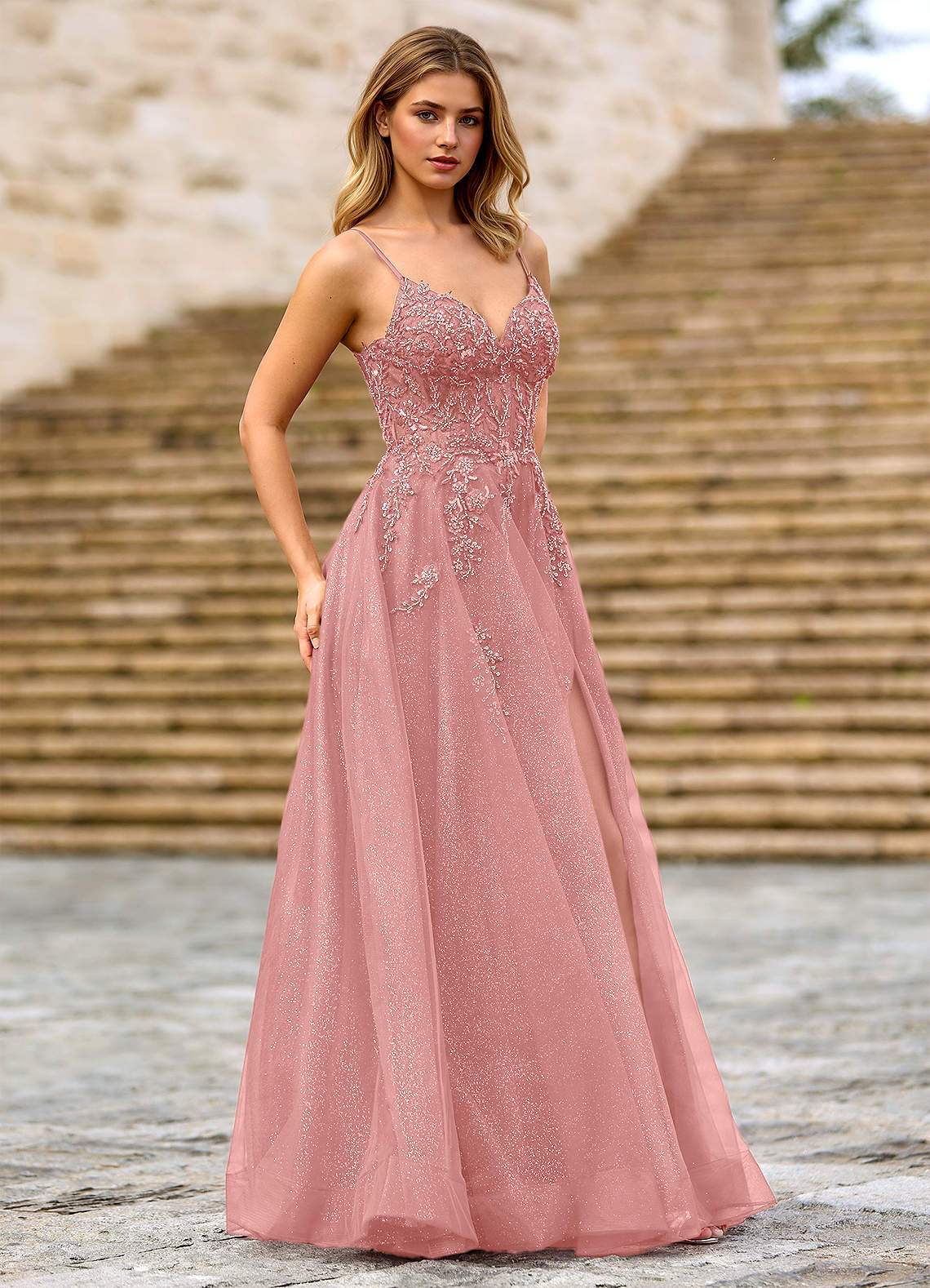Milliener A-Line V-Neck Tulle Evening Dress in Dusty Pink
