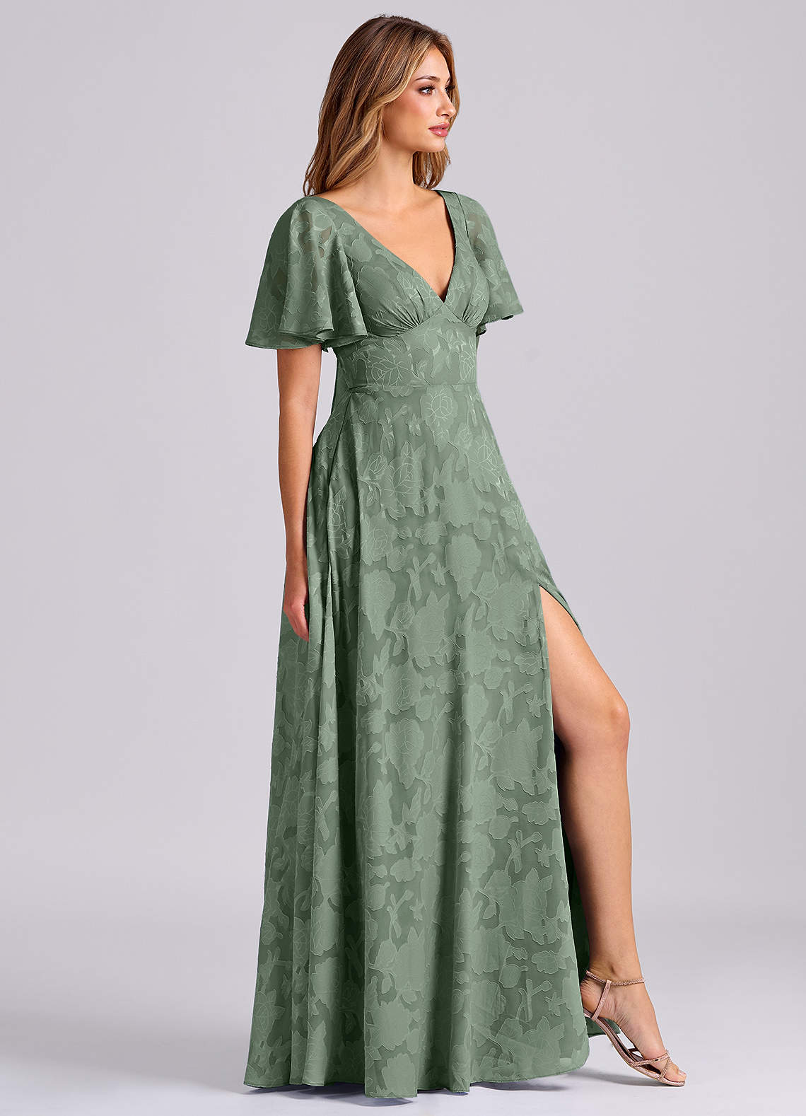 Kimber A-Line V-Neck Floral Burnout Bridesmaid Dress in Matcha