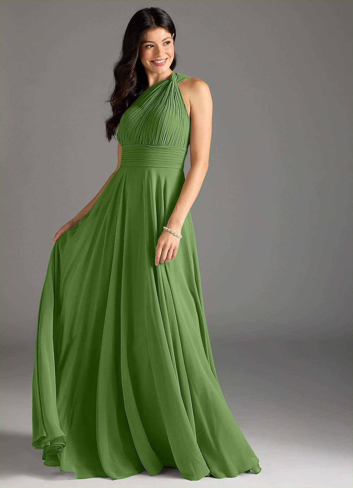 Charlize A-Line One-Shoulder Chiffon Bridesmaid Dress in Basil