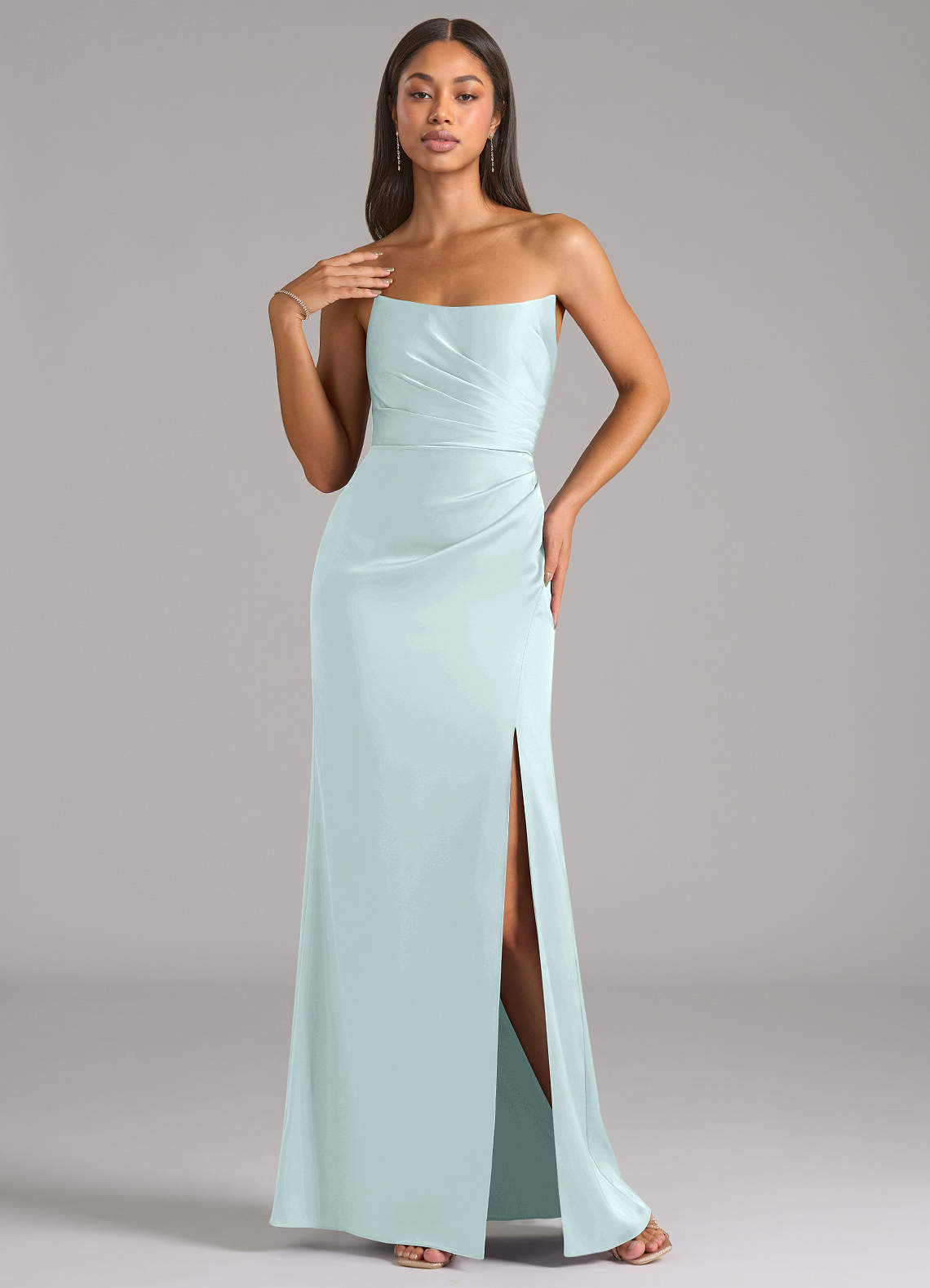 Marla Sheath Strapless Stretch Satin Bridesmaid Dress in Sea Glass