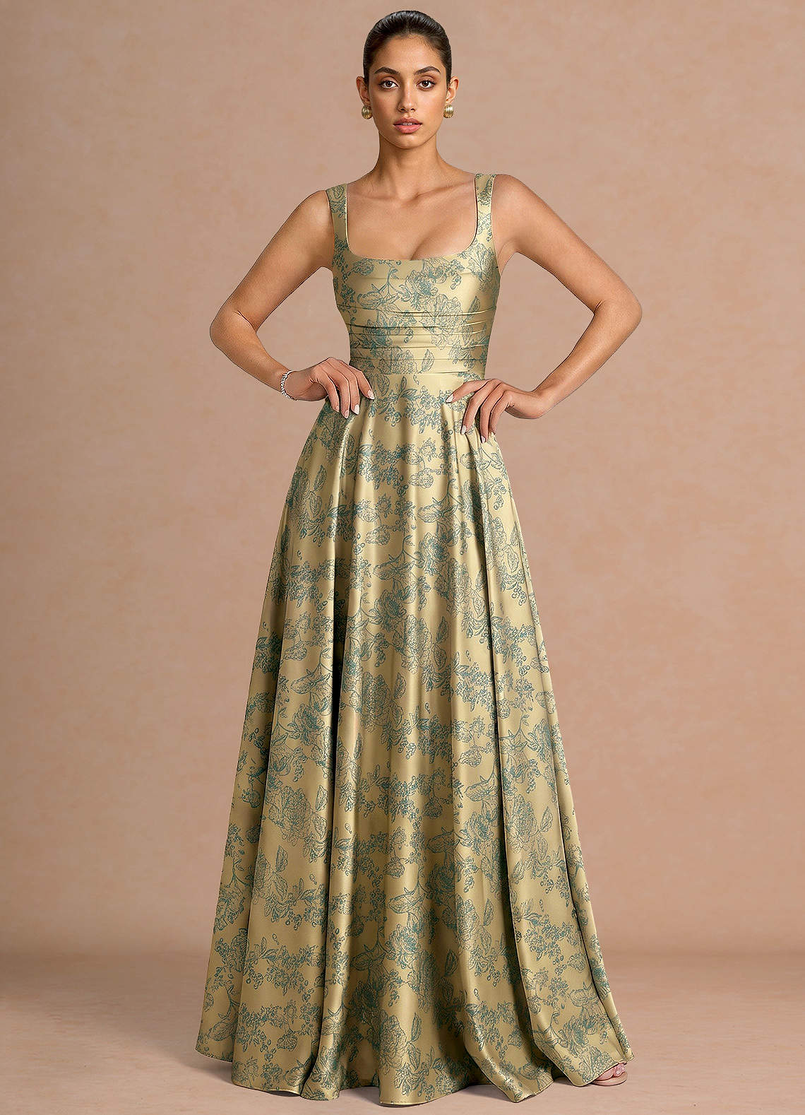 Azaria A-Line Square-Neck Jacquard Evening Dress in Moss Navy