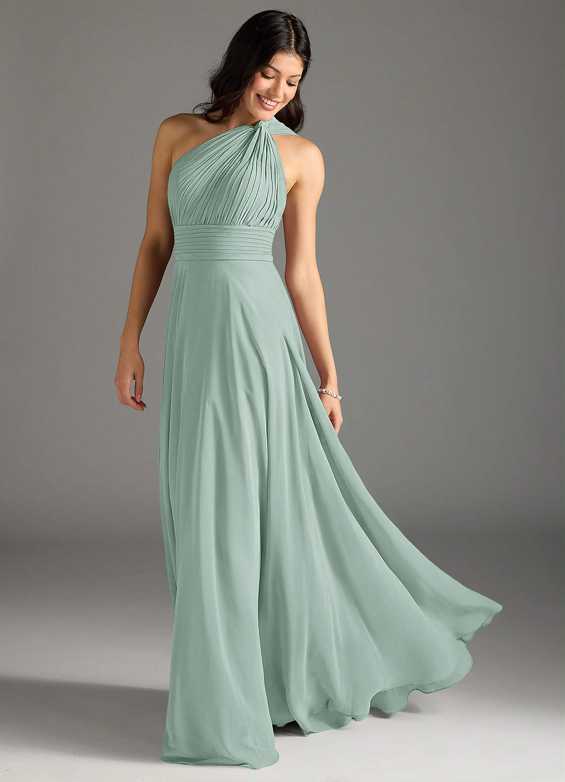 Charlize A-Line One-Shoulder Chiffon Bridesmaid Dress in Agave