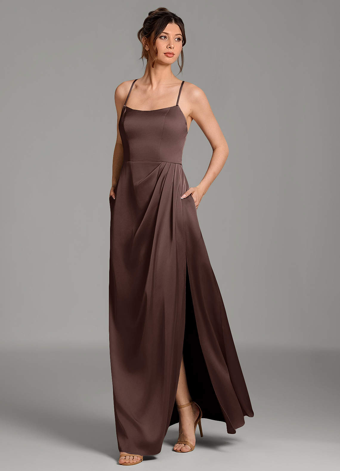 Frankie A-Line Scoop-Neck Stretch Satin Bridesmaid Dress in Ganache