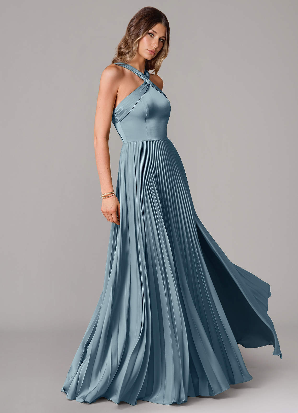 Afra A-Line Halter-Neck Stretch Satin Bridesmaid Dress in dusty blue