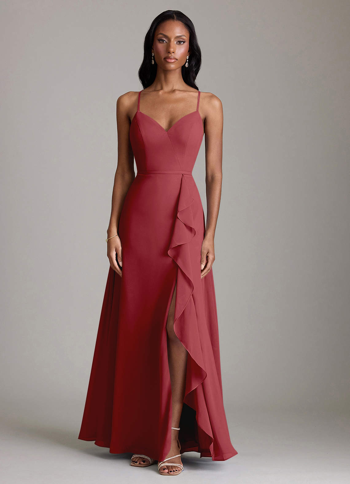 Naeem A-Line V-Neck Chiffon Bridesmaid Dress in Pomegranate