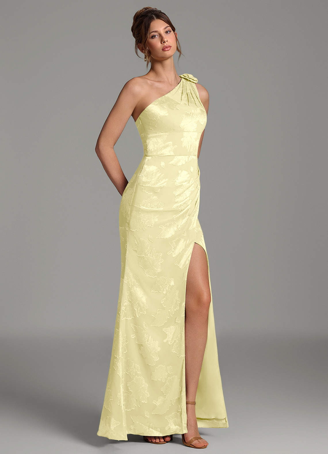 Yanie Mermaid One-Shoulder Jacquard Bridesmaid Dress in Lemon Sorbet