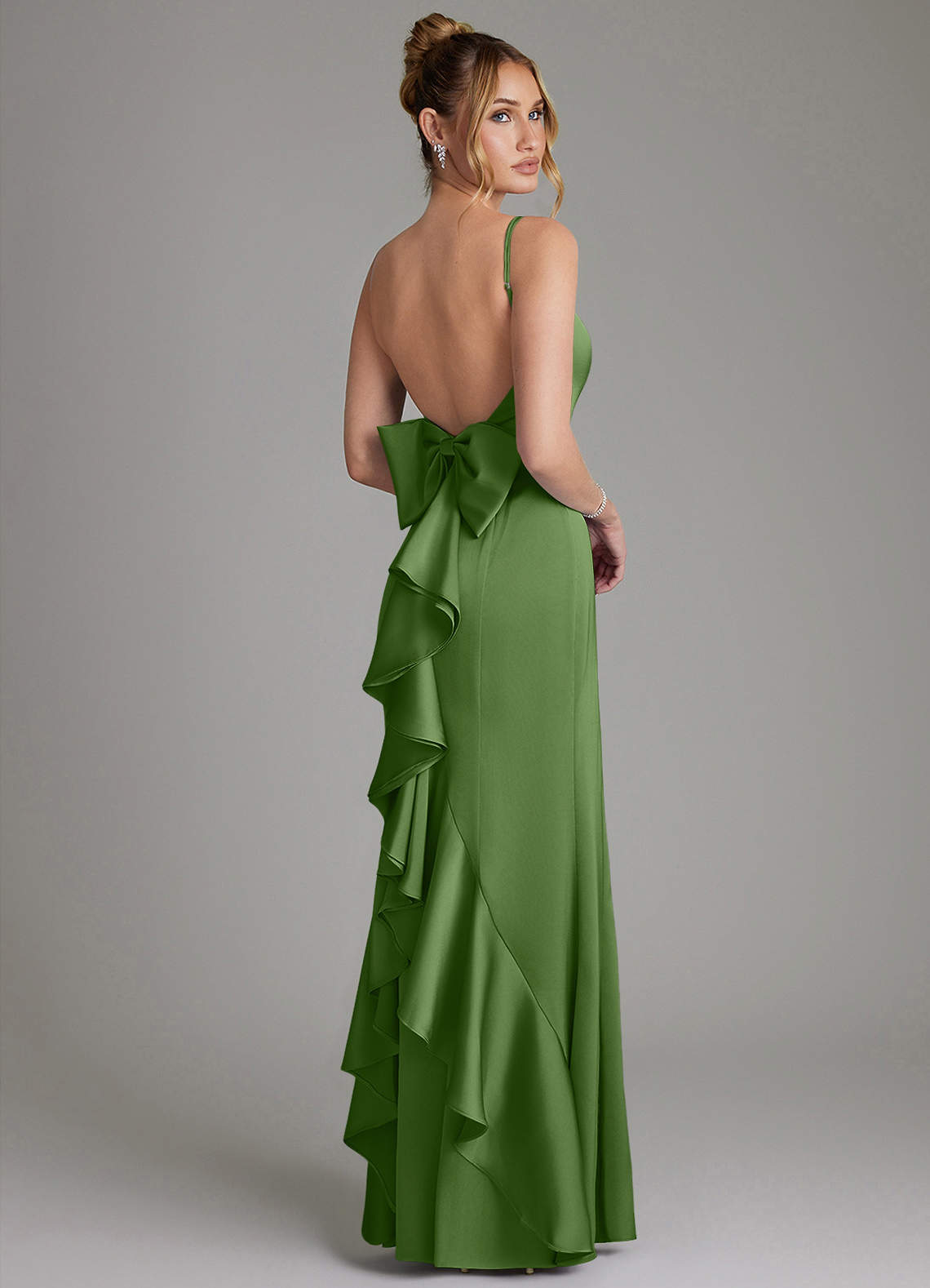Zherra Mermaid Scoop-Neck Stretch Satin Bridesmaid Dress in Basil