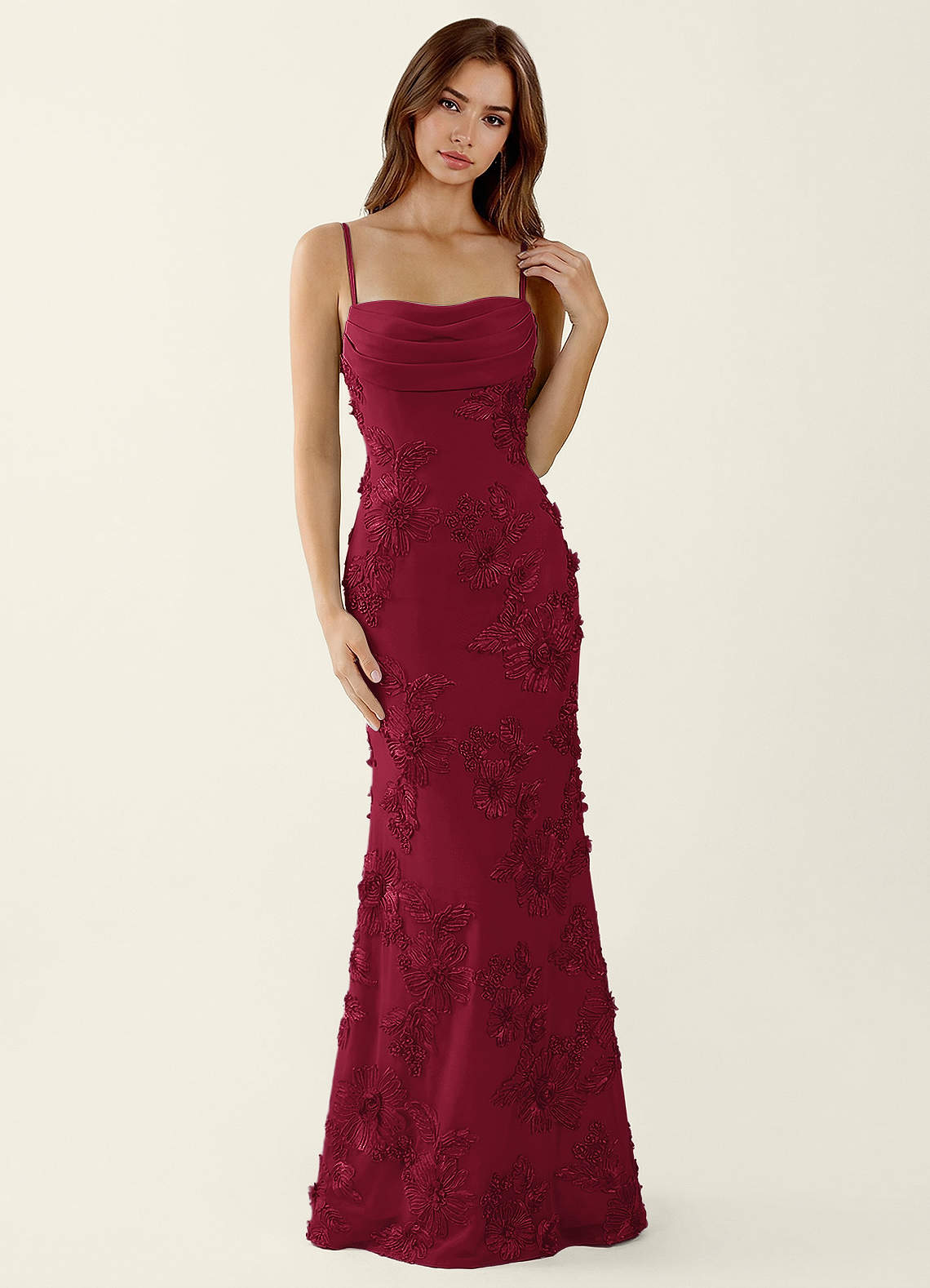 Bellatrix Mermaid Spaghetti-Strap Stretch Lace Evening Dress in Burgundy