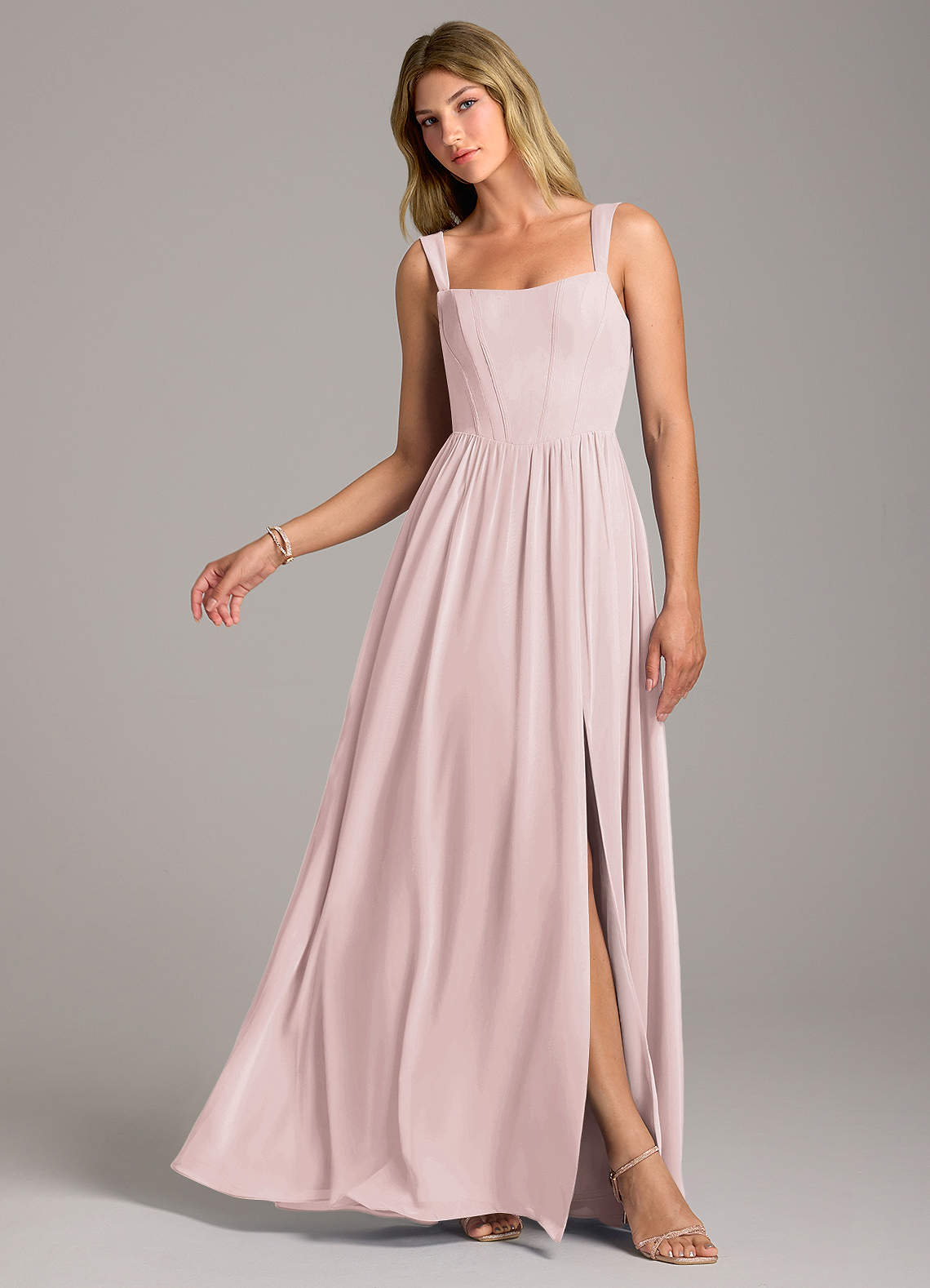Rosaline A-Line Square-Neck Chiffon Bridesmaid Dress in Blushing Pink