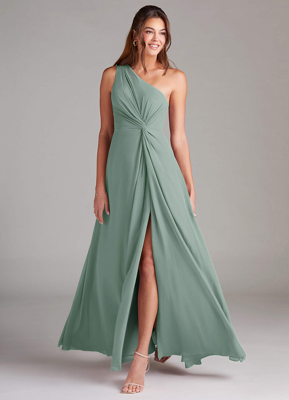Brooke A-Line One-Shoulder Chiffon Bridesmaid Dress in Silver Sage