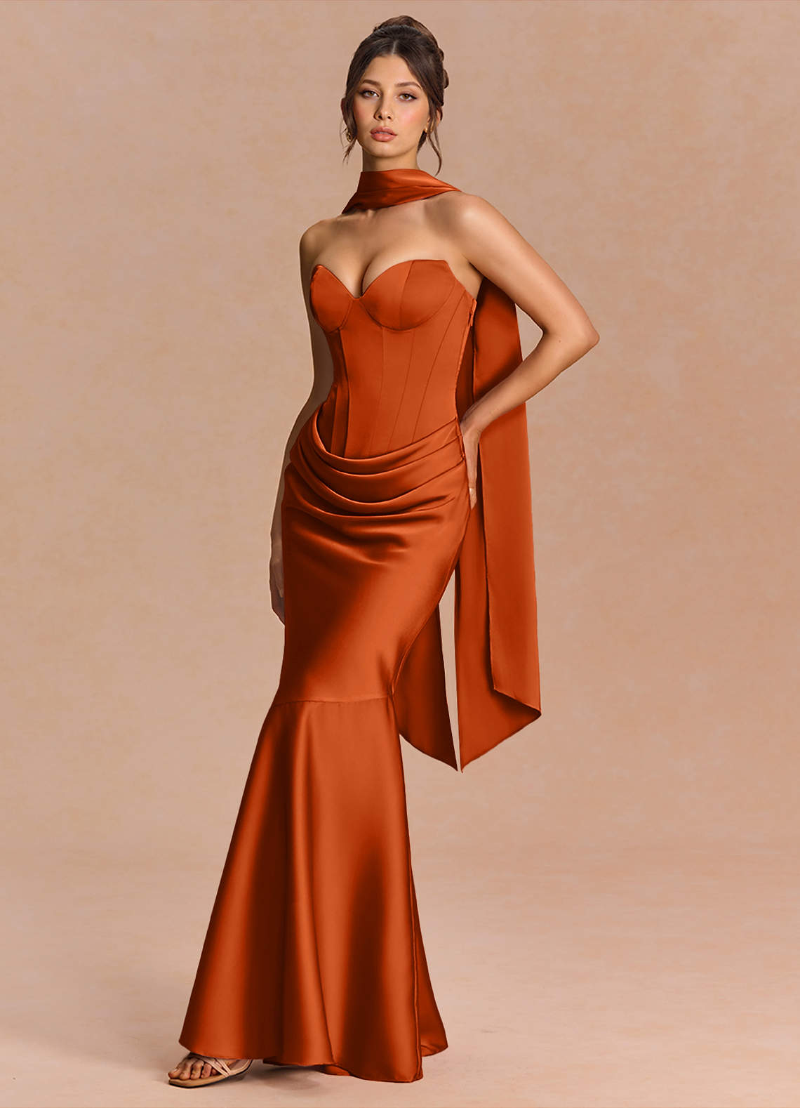 Euphemia Mermaid Strapless Stretch Satin Evening Dress in Rust