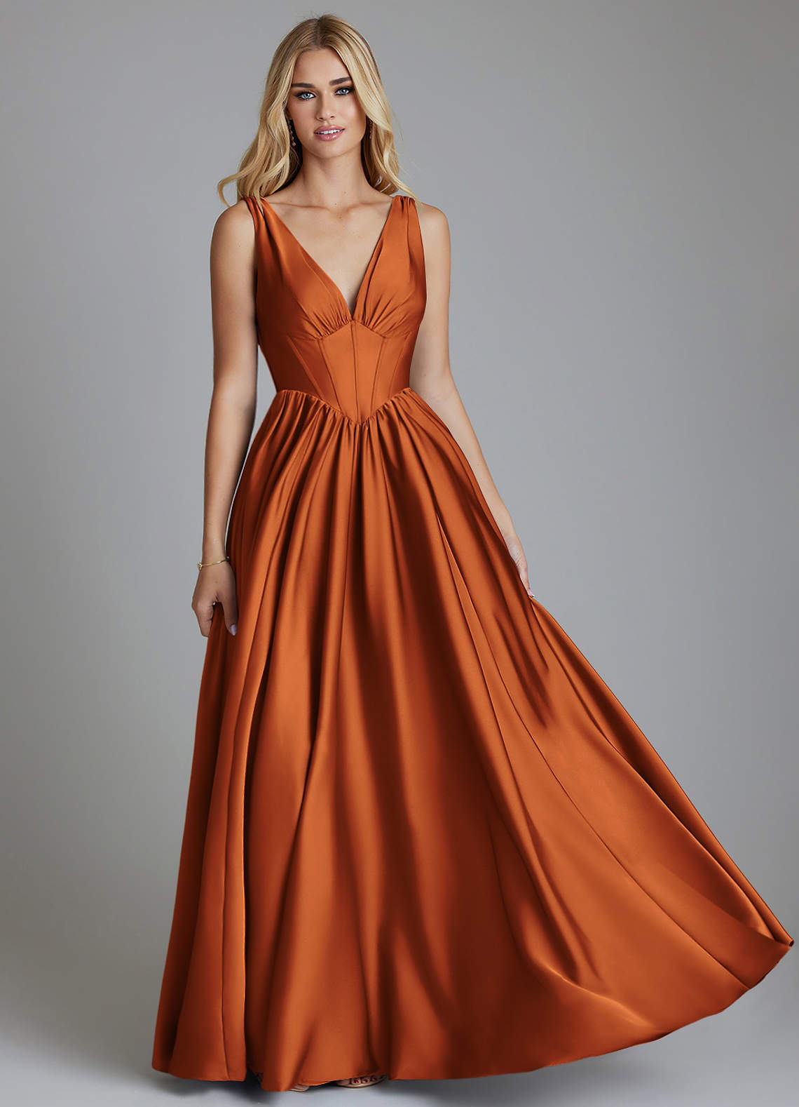 Delmie A-Line V-Neck Stretch Satin Bridesmaid Dress in Cinnamon