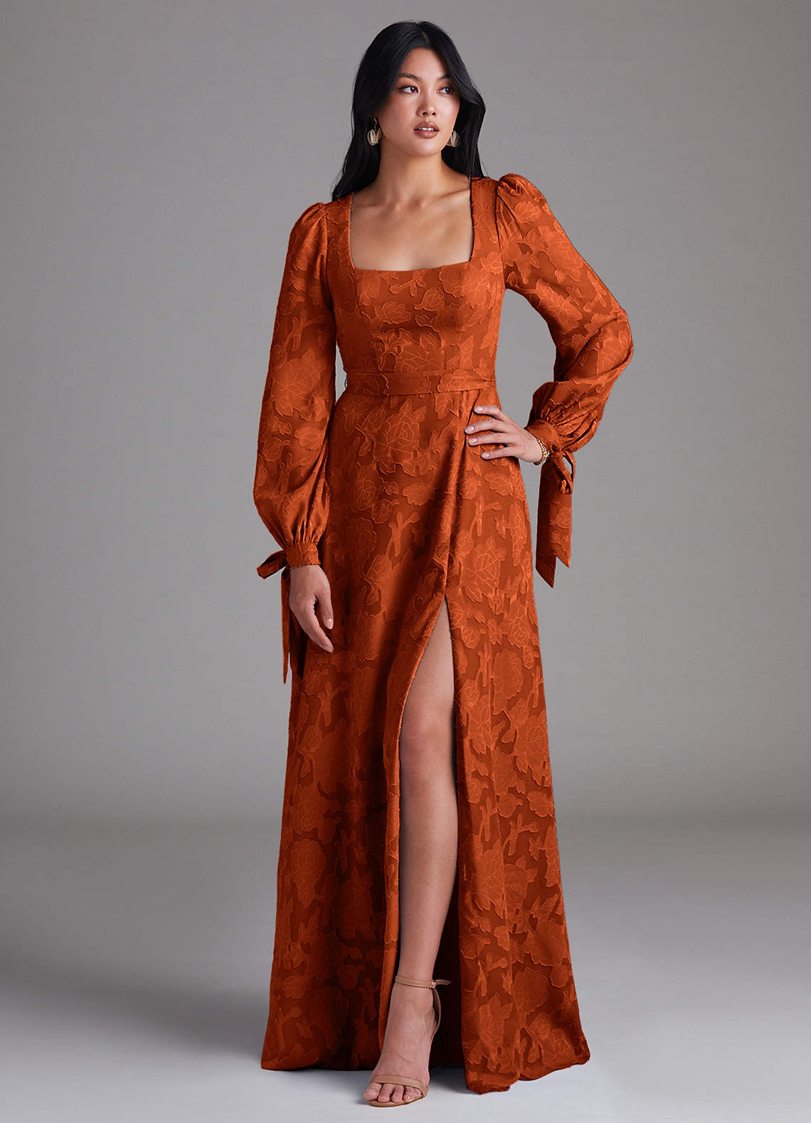 Leonia A-Line Square-Neck Stretch Satin Bridesmaid Dress in Paprika