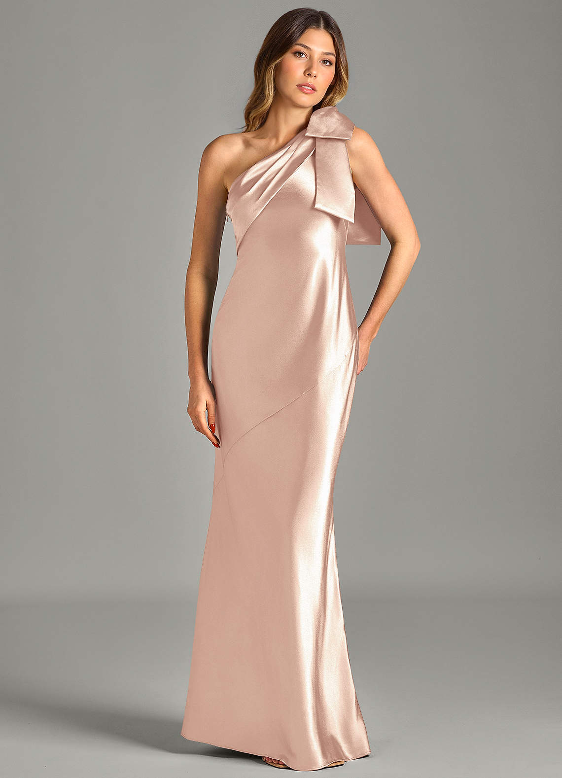 Yuanna Mermaid One-Shoulder Metallic Satin Bridesmaid Dress in English Rose