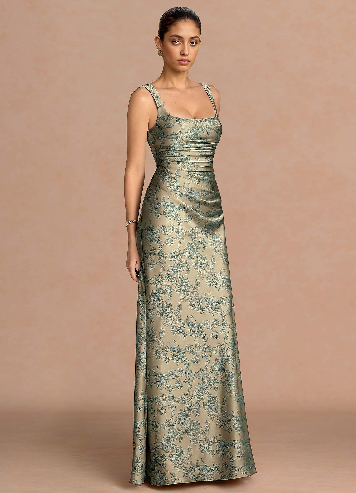 Agustina Square-Neck Pleated Jacquard Evening Dress in Platinum Teal