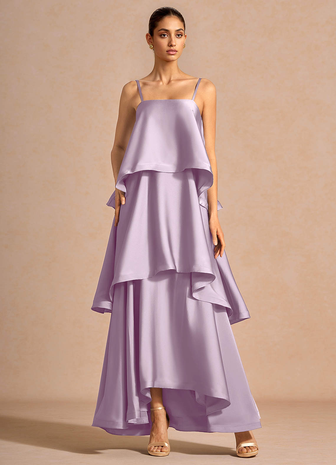 Itasca A-Line Tiered Stretch Satin Wedding Guest Dress in Lemon Green