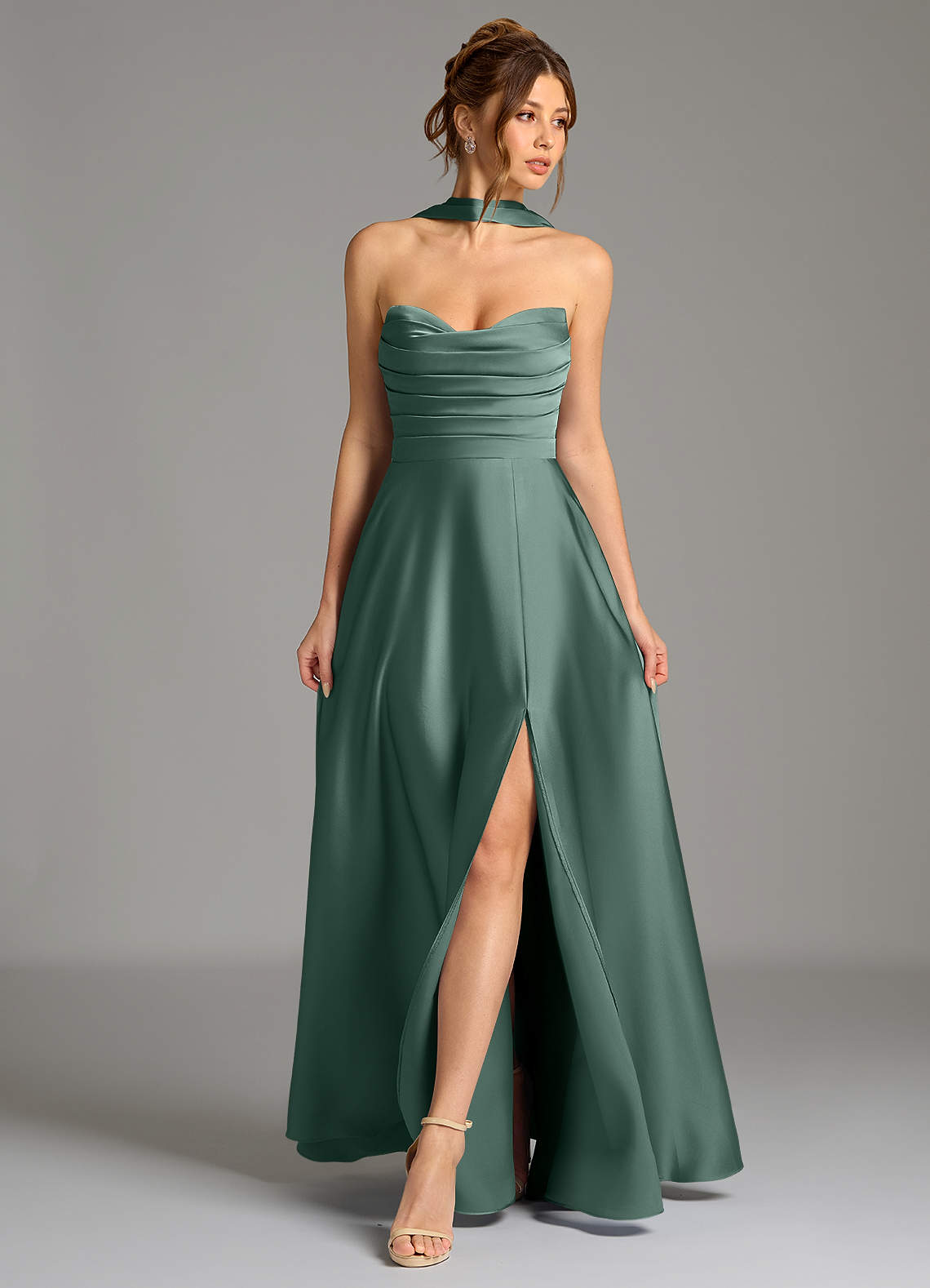 Ayla A-Line Sweetheart Stretch Satin Bridesmaid Dress in Eucalyptus