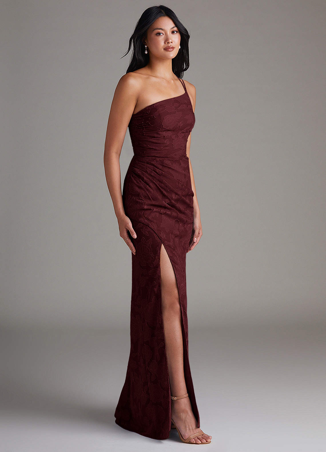 Eren Sheath One-Shoulder Floral Burnout Bridesmaid Dress in Cabernet