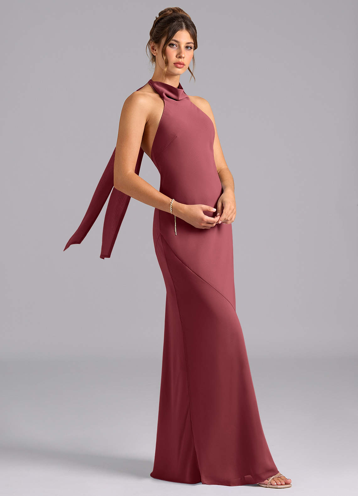Velli Mermaid Halter Chiffon Bridesmaid Dress in Merlot