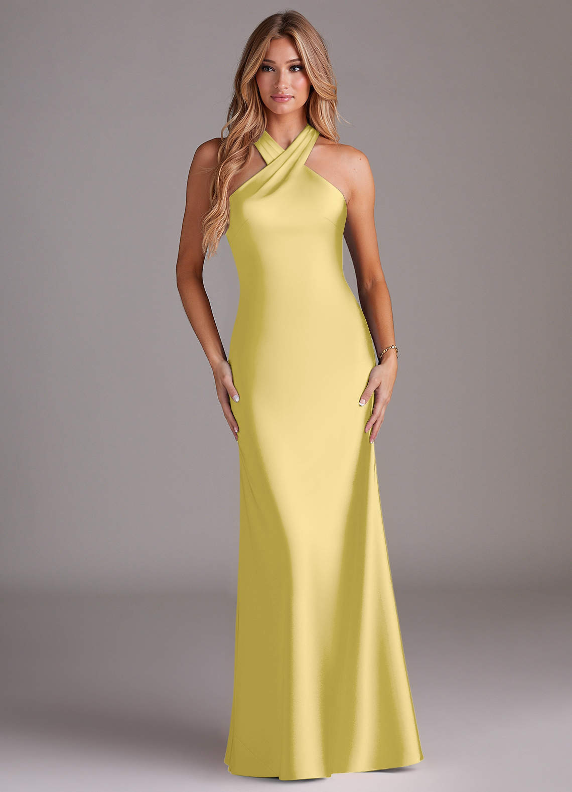 Doretta Mermaid Halter Stretch Satin Bridesmaid Dress in Canary