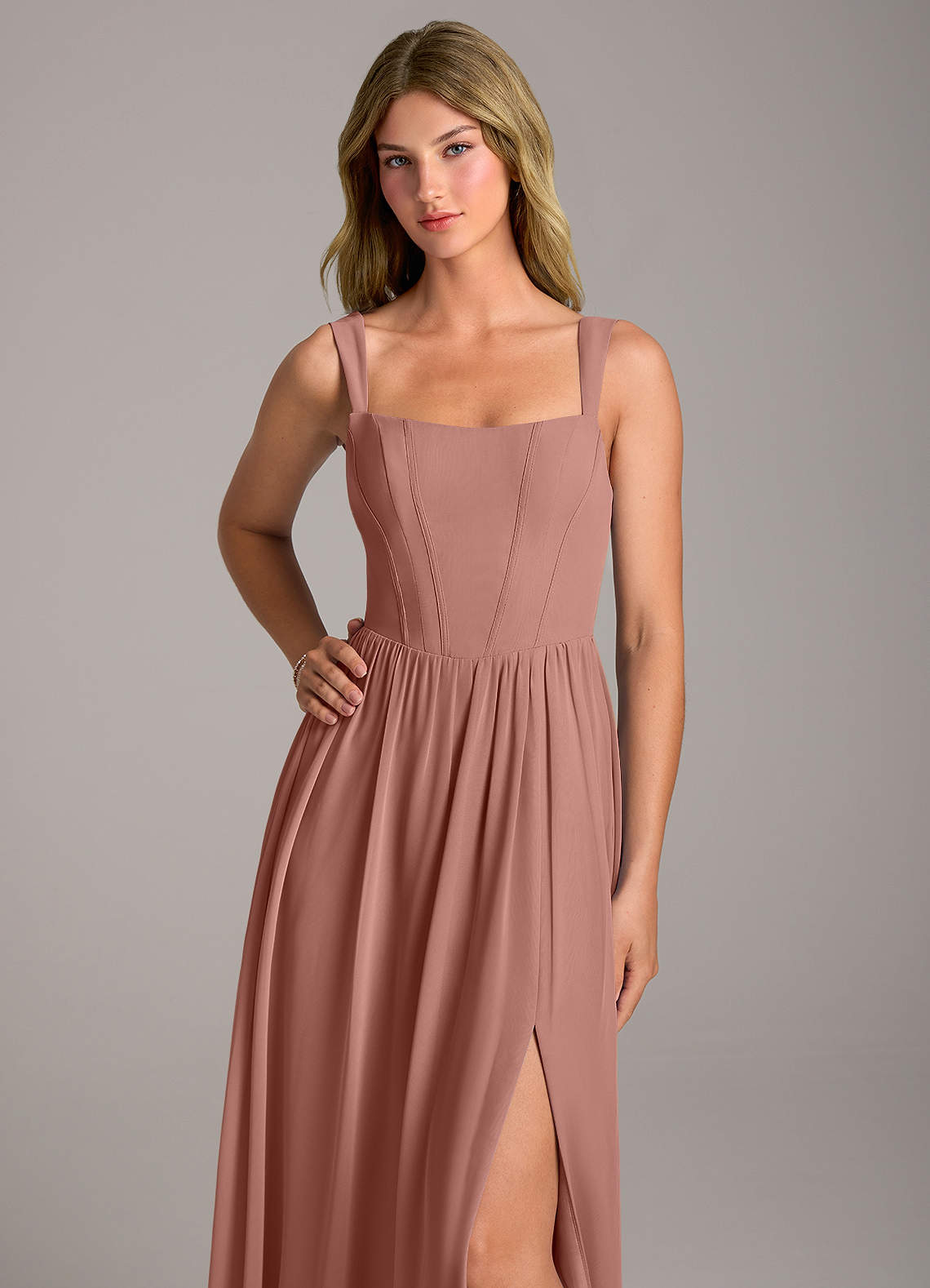 Rosaline A-Line Square-Neck Chiffon Bridesmaid Dress in Cedar Rose