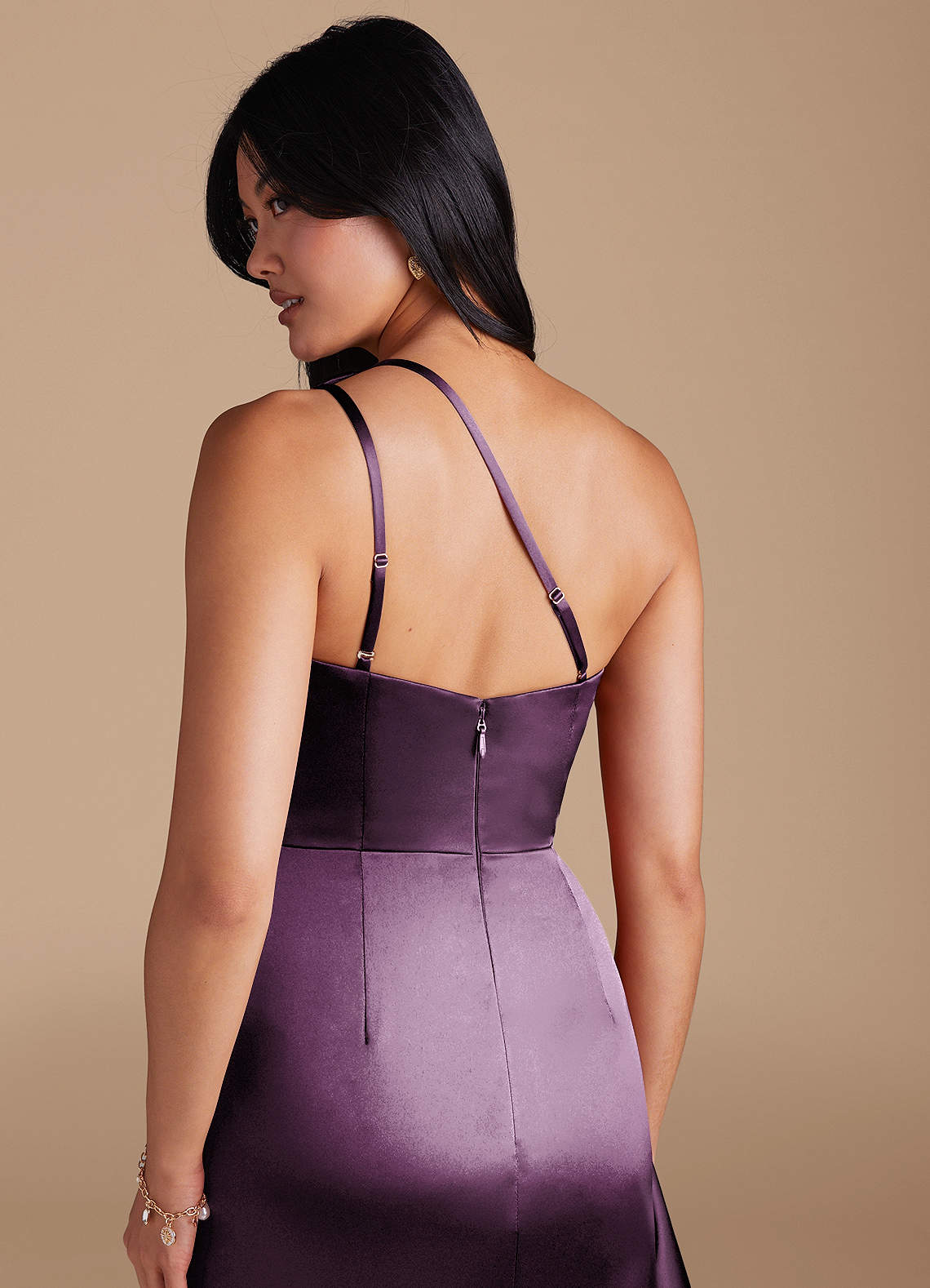 Latrice Sheath One-Shoulder Metallic Satin Bridesmaid Dress in Plum