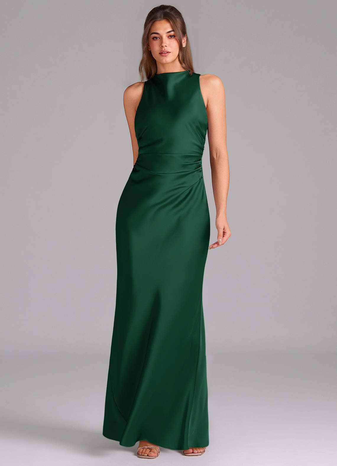 Evadne Sheath Scoop-Neck Stretch Satin Bridesmaid Dress in Dark Green