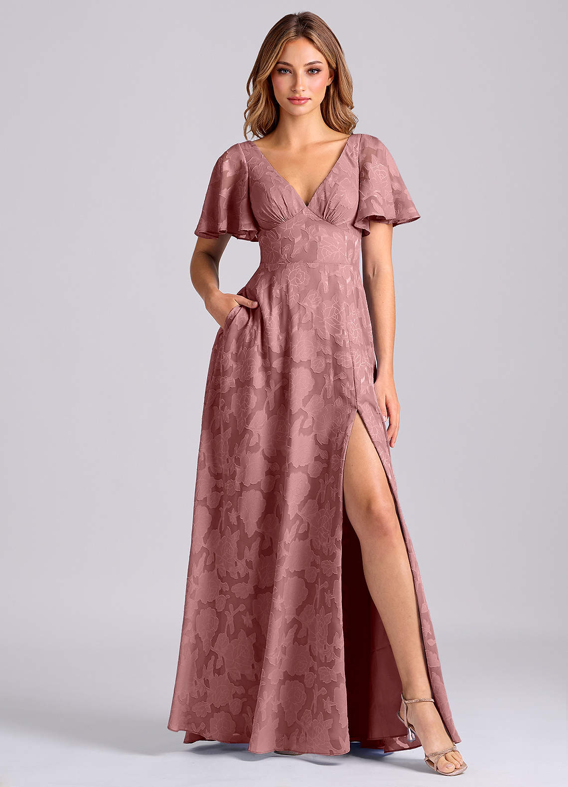 Kimber A-Line V-Neck Floral Burnout Bridesmaid Dress in dusty rose