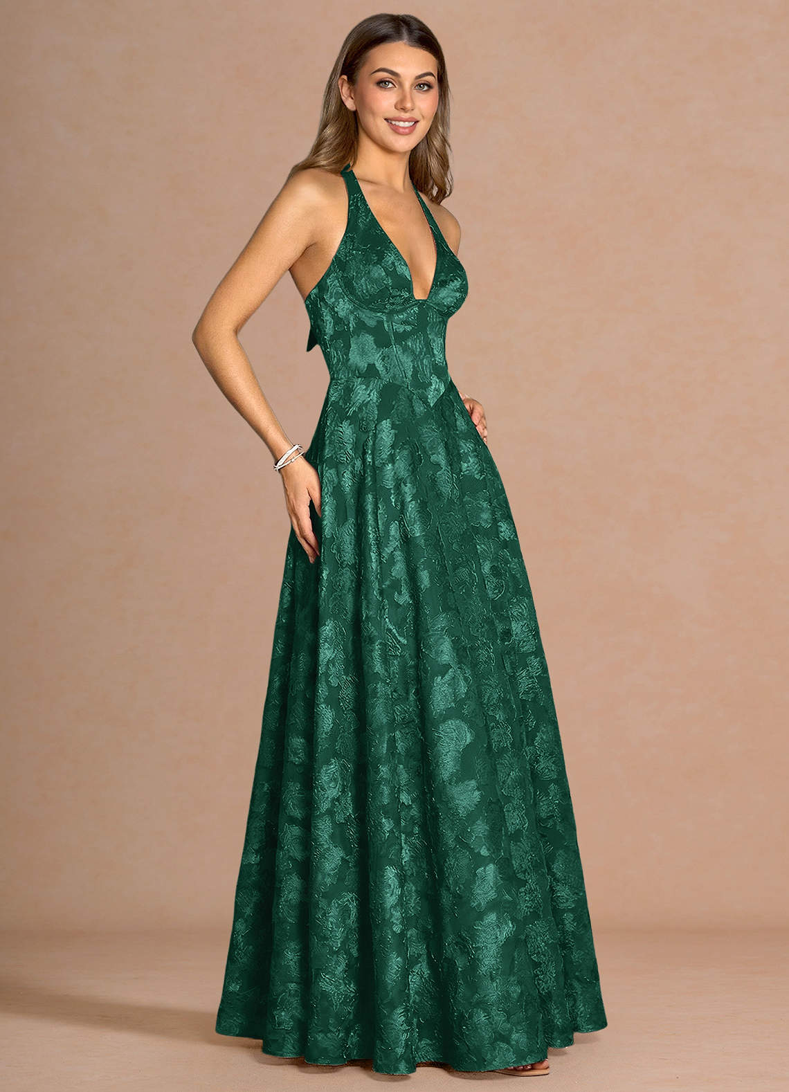 Isabeau A-Line V-Neck Fil Coupé Evening Dress in Hunter Green