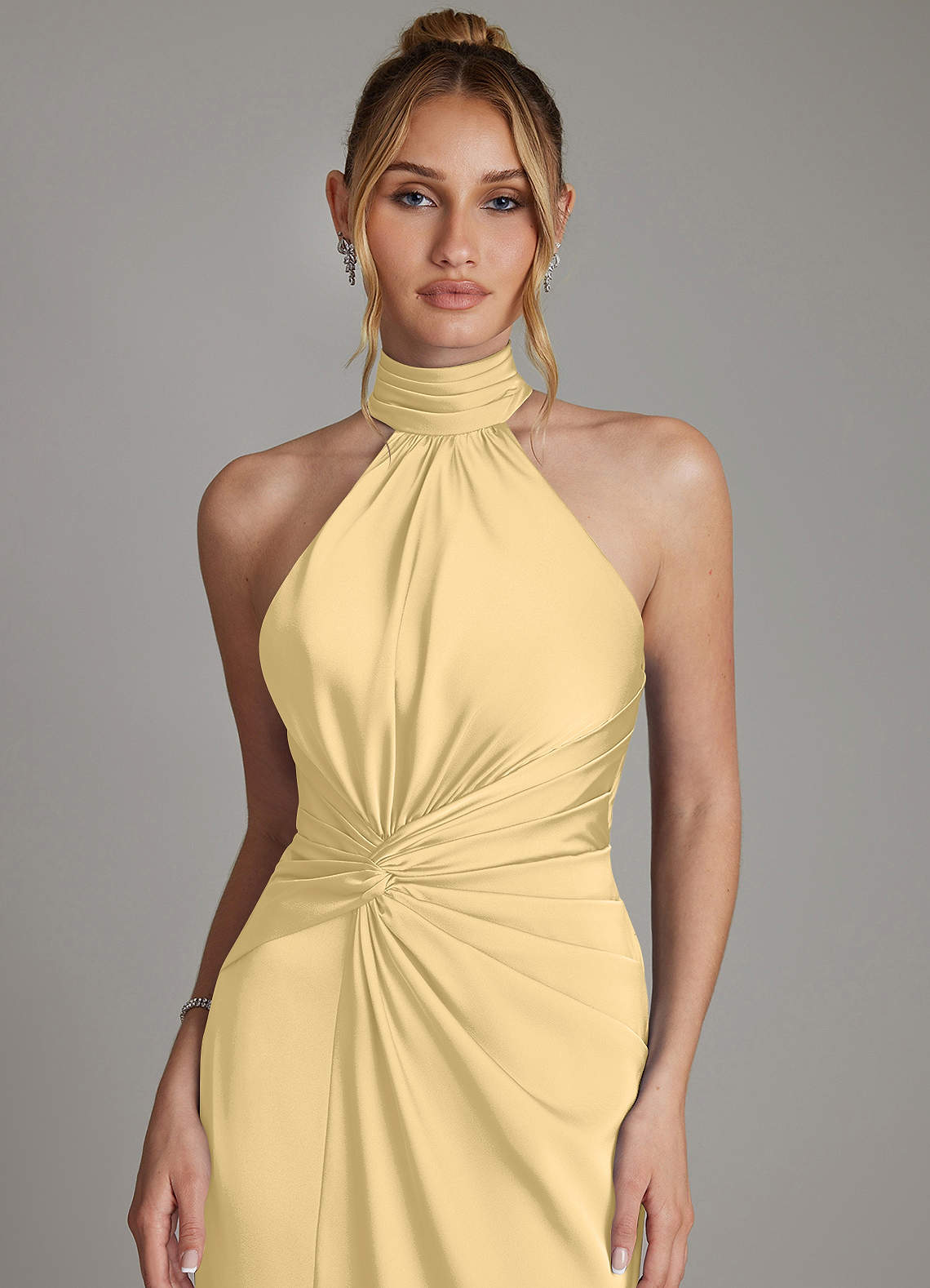Gracelynn Sheath Halter Stretch Satin Bridesmaid Dress in Butter