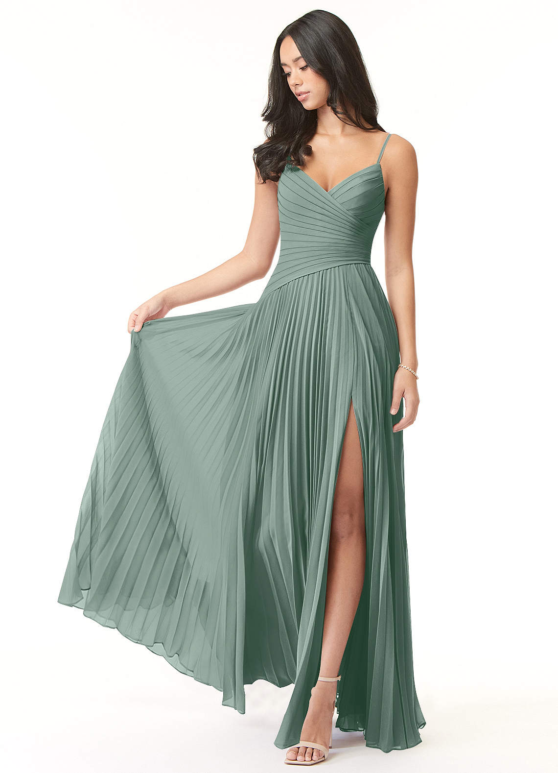 Vini A-Line V-Neck Chiffon Bridesmaid Dress in Silver Sage