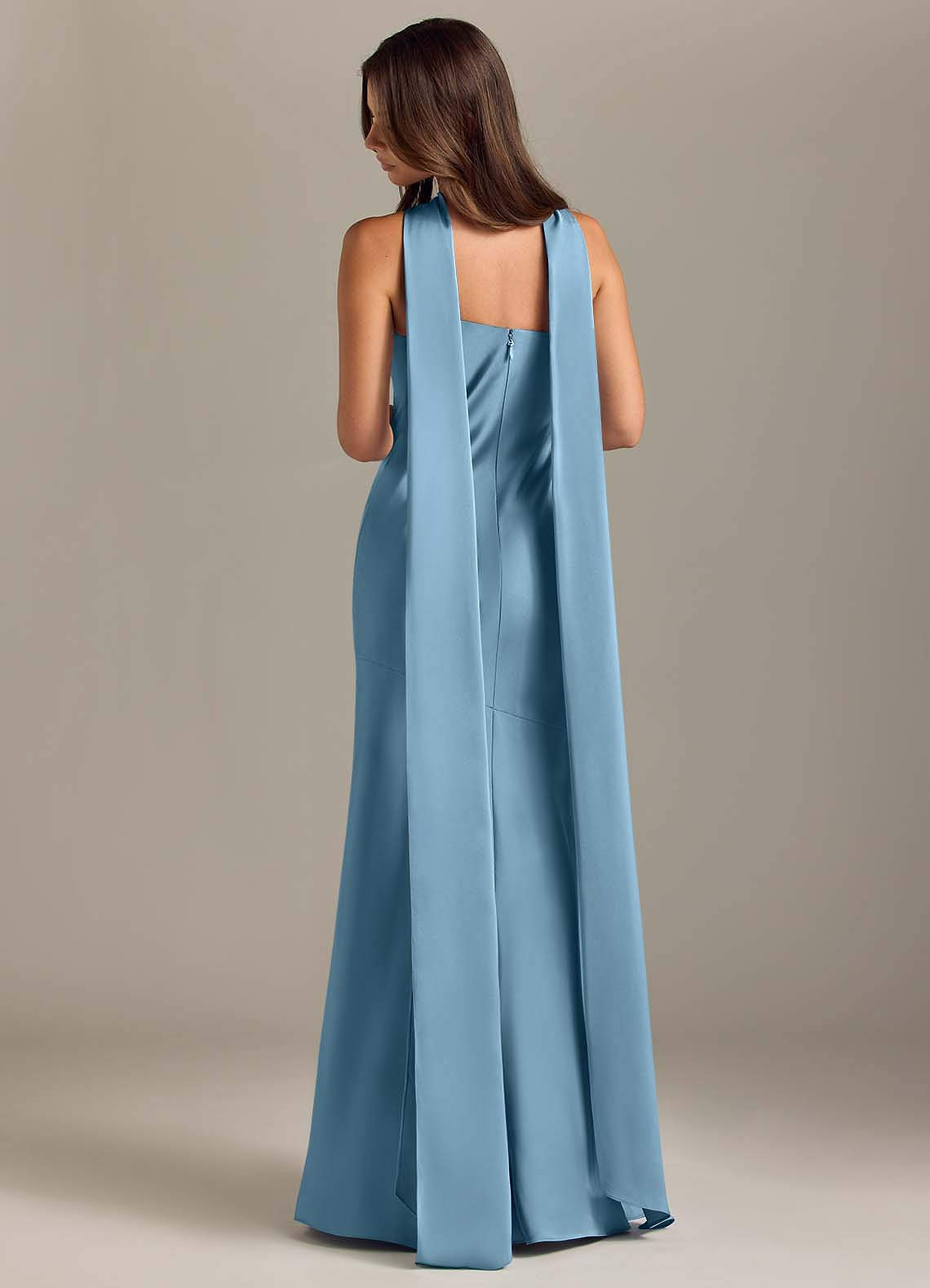 Kinsley Mermaid Halter Stretch Satin Bridesmaid Dress in Steel Blue