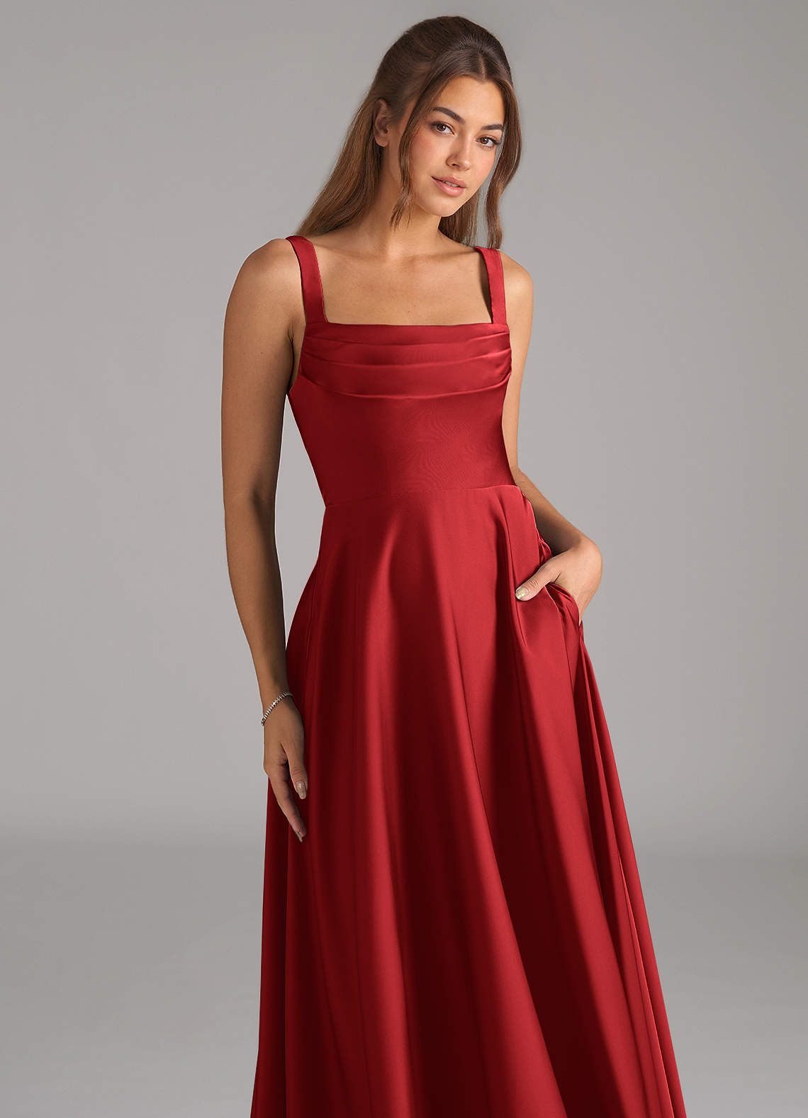 Shaude A-Line Square-Neck Stretch Satin Bridesmaid Dress in Pomegranate