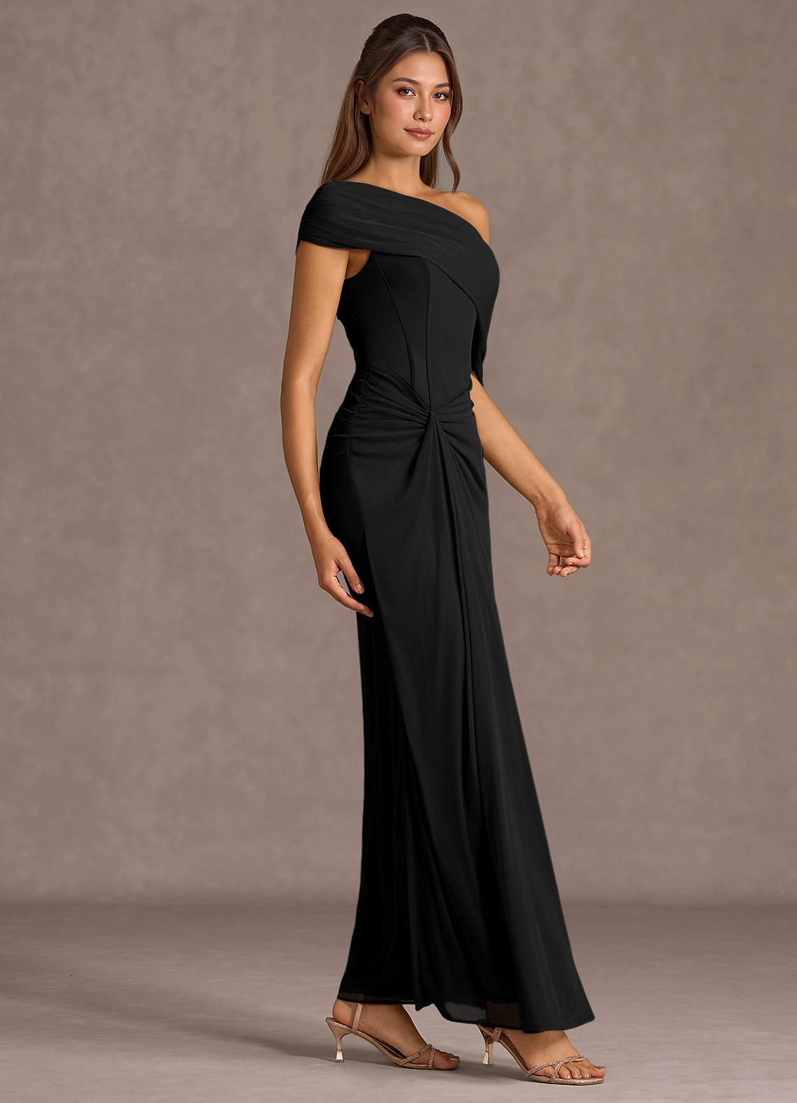 Delphira Mermaid One-Shoulder Mesh Wedding Guest Dress in black