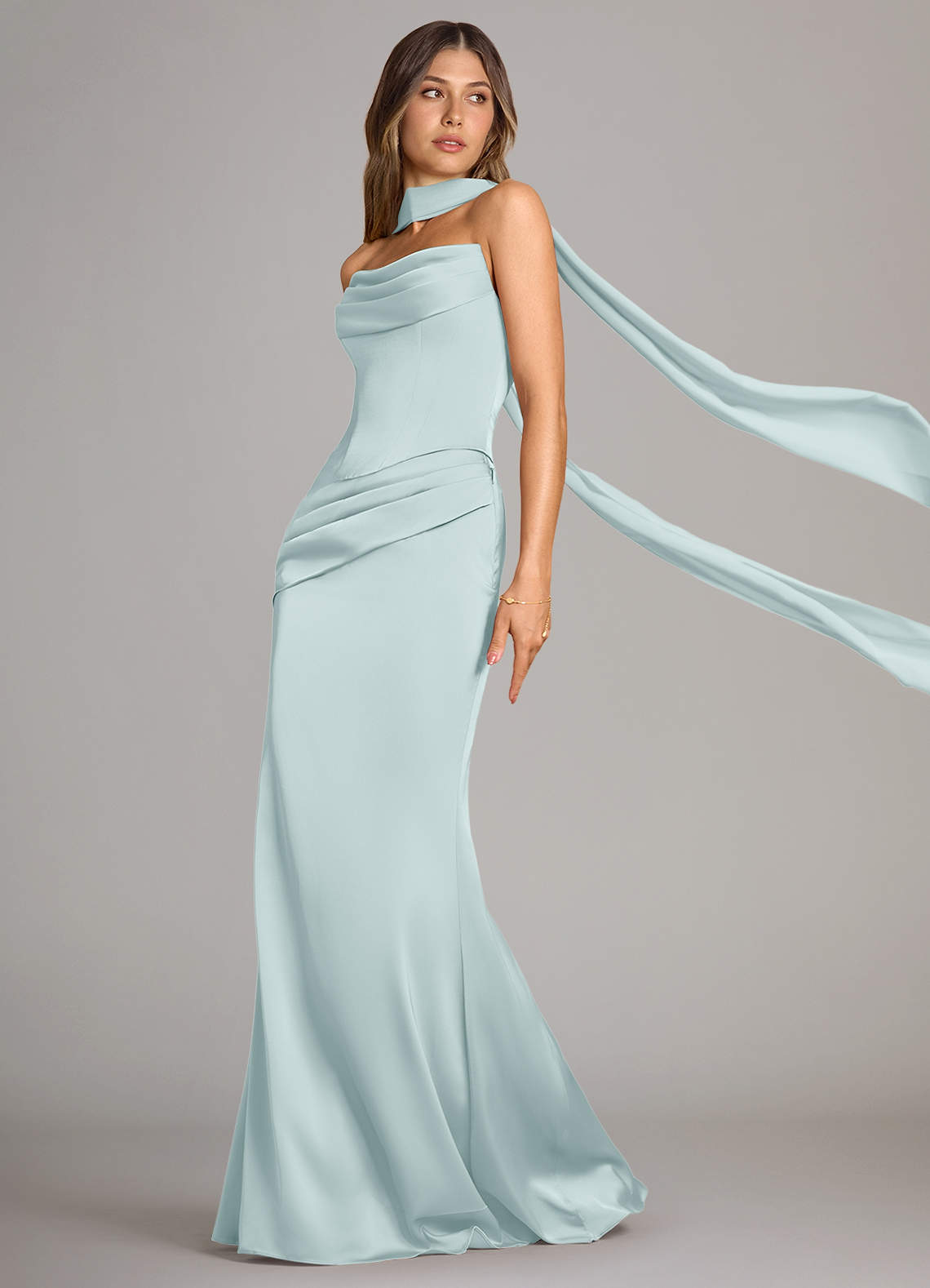 Sorrel Mermaid Cowl-Neck Stretch Satin and Chiffon Bridesmaid Dress