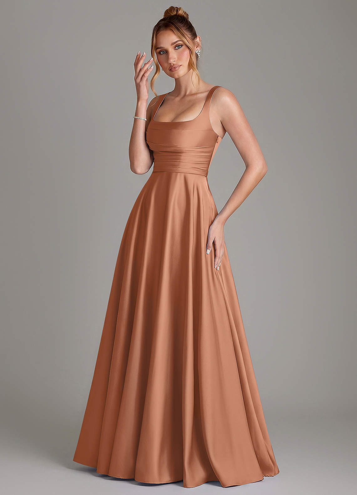 Azaria A-Line Square-Neck Stretch Satin Bridesmaid Dress in Bronzer