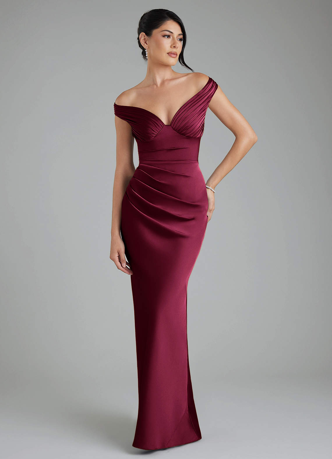 Stella Sheath V-Neck Stretch Satin Bridesmaid Dress in Burgundy