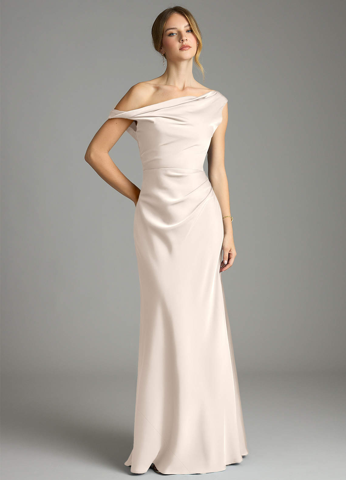 Emerson Mermaid One-Shoulder Stretch Satin Bridesmaid Dress in White Alabaster