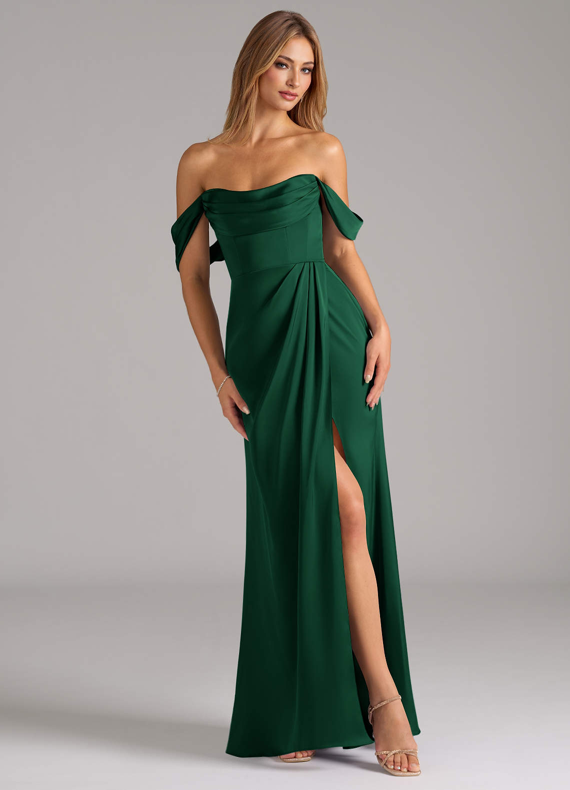 Johana Mermaid Off-the-Shoulder Stretch Satin Bridesmaid Dress in Dark Green