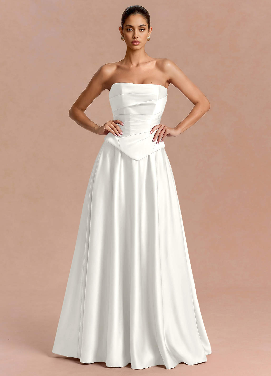 Eponine A-Line Pleated Stretch Satin Evening Dress in Truffle