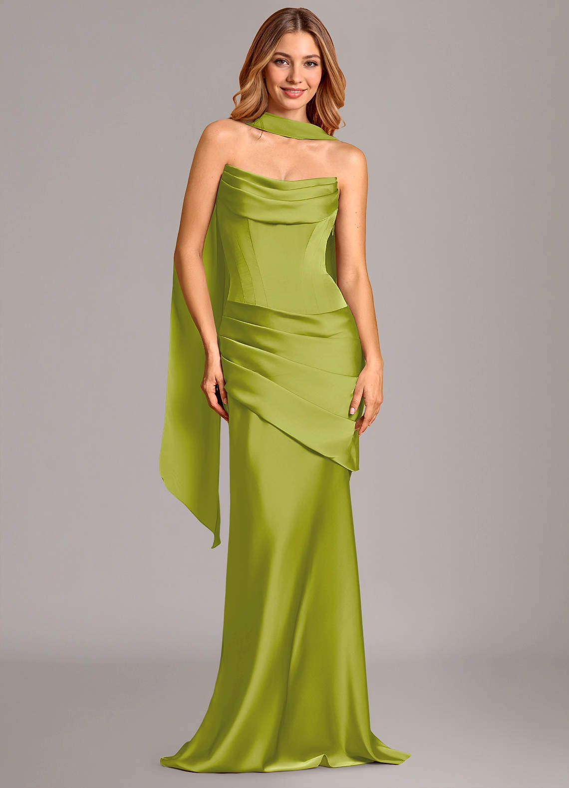 Pelagia Mermaid Cowl-Neck Stretch Satin Bridesmaid Dress in Lemongrass