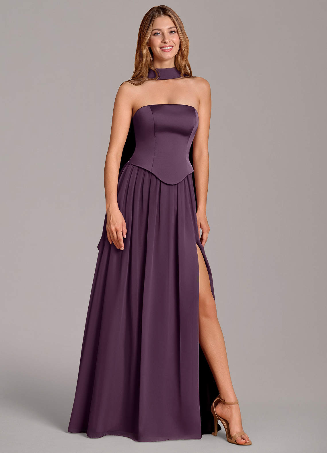 Cadence A-Line Strapless Chiffon and Stretch Satin Bridesmaid Dress in Plum